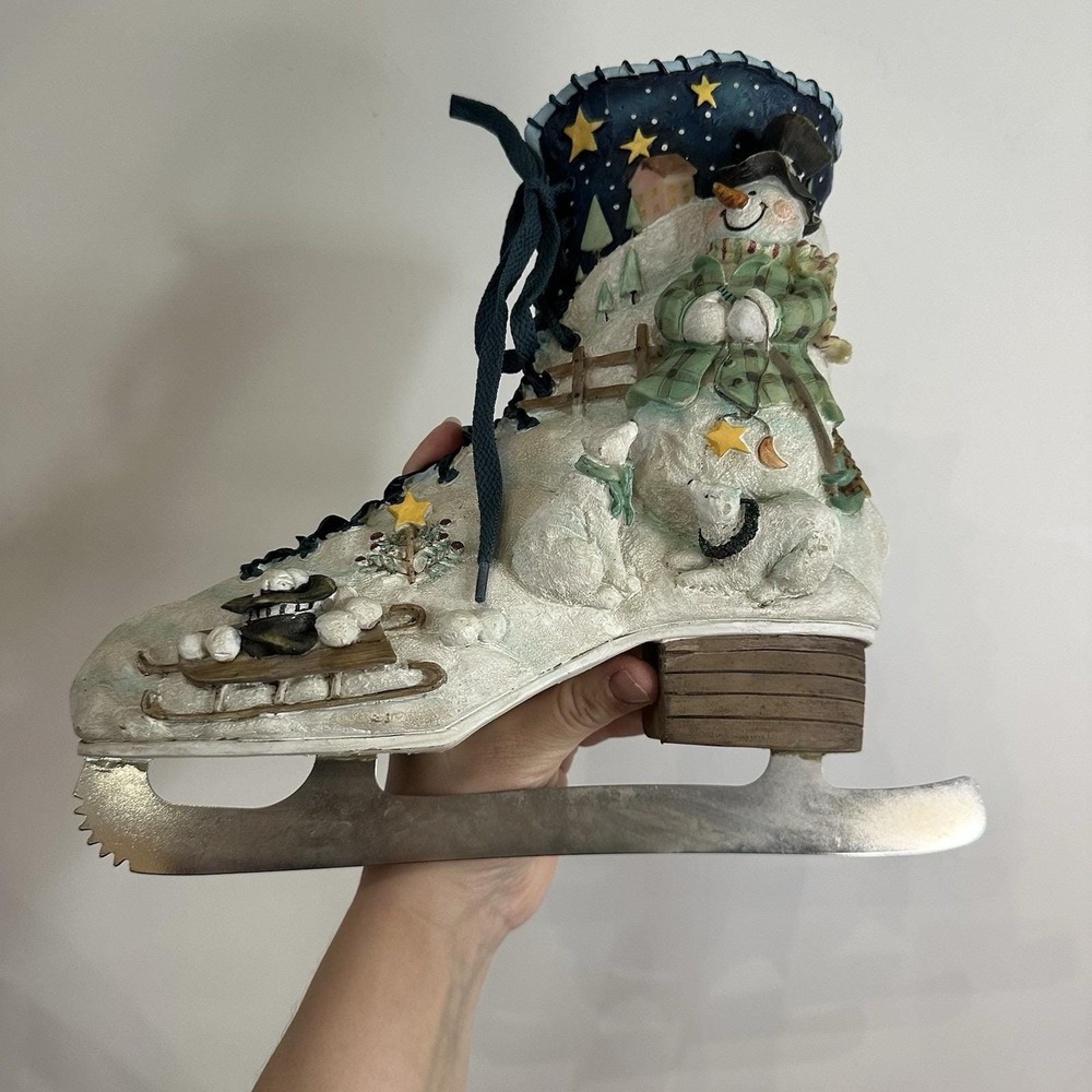 VTG Christmas Wall Decor Resin Snowman Ice Skate‎ Figurine 10" Rustic Winter